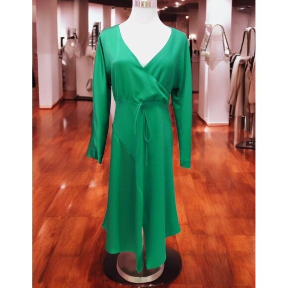 Cushnie Green Wrap Dress 4 Long Sleeve Asymmetrical Satin Finish - Picture 1 of 10